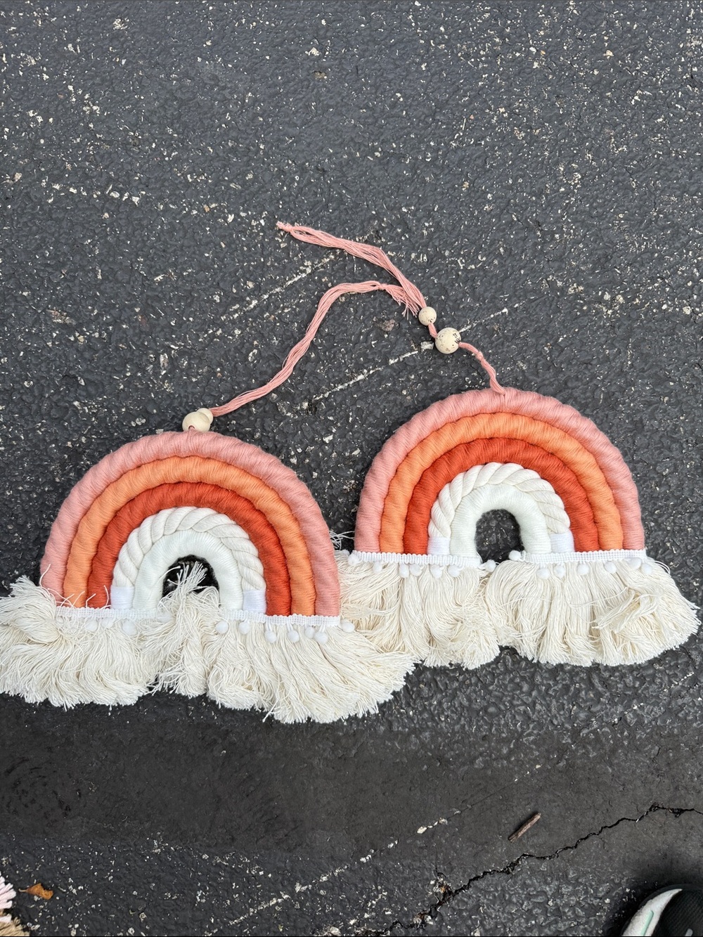 Handmade Boho Rainbow Wall Hanging in Coral and Cream